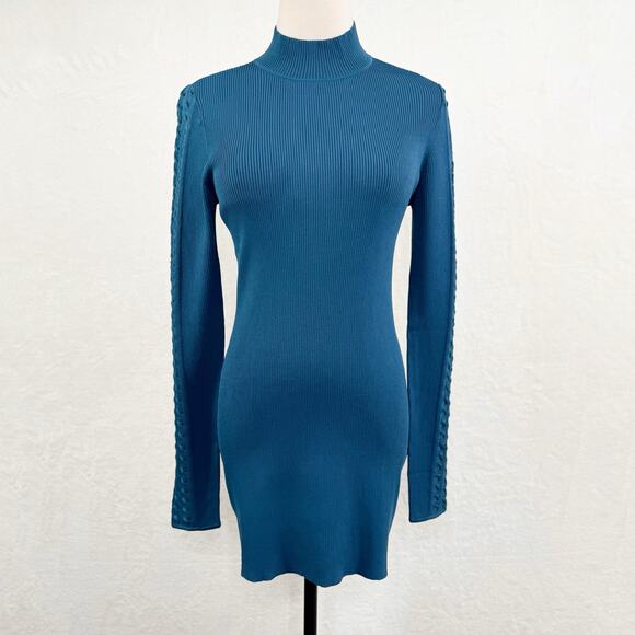NWT White House Black Market Braid Sleeve Tunic Blue Mock Neck Preppy Size M - Picture 1 of 8